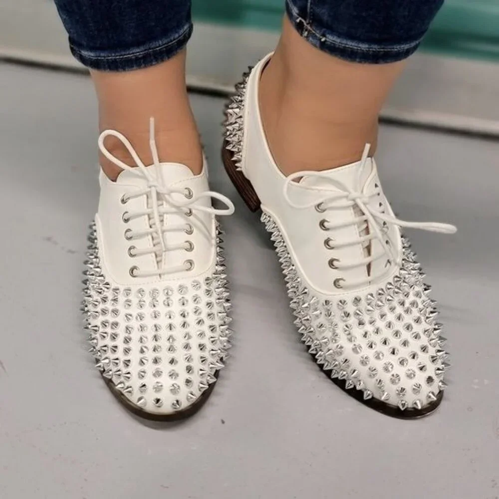 Women's White Silver Studded Lace Up Flat Oxford Shoes